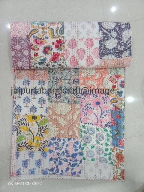 Hand Block Print Kantha Quilt Patchwork Cotton Bedspread - 90x108 Inch - image 1