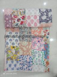 Hand Block Print Kantha Quilt Patchwork Cotton Bedspread - 90x108 Inch - thumbnail 1