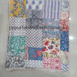 Hand Block Print Kantha Quilt Patchwork Cotton Bedspread - 90x108 Inch - thumbnail 2
