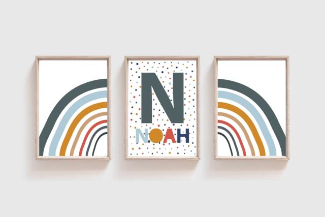 Set Of 3, Boys Nursery Prints, Bedroom Decor, Wall Art, Rainbow Personalised, Playroom, Art - image 1