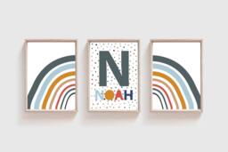 Set Of 3, Boys Nursery Prints, Bedroom Decor, Wall Art, Rainbow Personalised, Playroom, Art - thumbnail 1