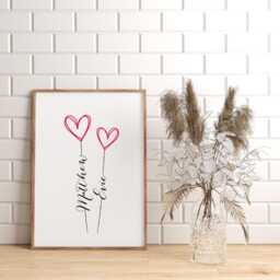 Personalised Valentines Day Gift For Fiance, Boyfriend, Girlfriend, Husband Or Wife. Heart Balloons With Names Print. Modern Wedding Present - thumbnail 3