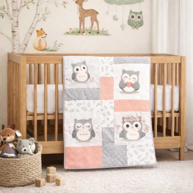 Grey Owl Baby Girl Blanket - Modern Patchwork Design, Adorable Nursery