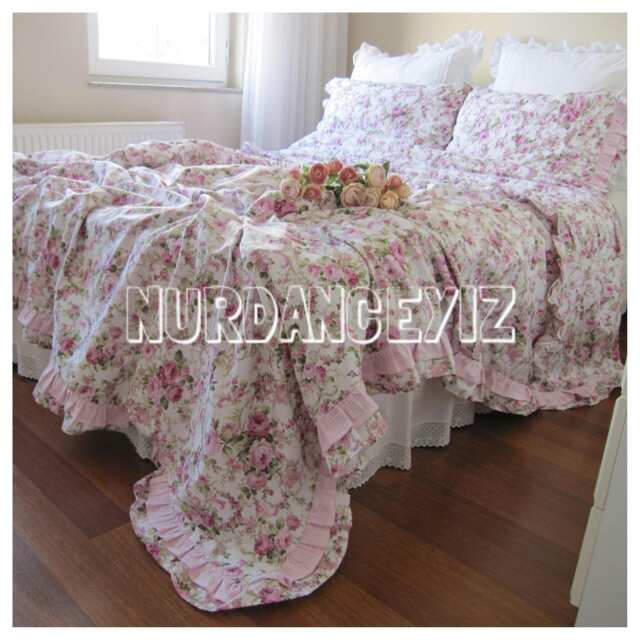 Shabby Chic Bedding Red Green Pink Roses Floral Print Twin/Full/Queen/Cal King Duvet Cover Ruffled Romantic Bedroom Nurdanceyiz - image 1