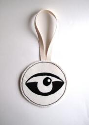 Textile Wall Hanging Hand Embroidered Abstract Eye On A Round Cream Muslin Long Canvas Loop - thumbnail 1