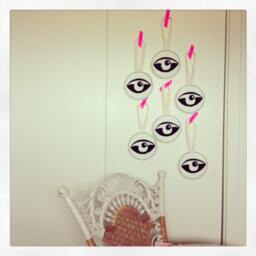 Textile Wall Hanging Hand Embroidered Abstract Eye On A Round Cream Muslin Long Canvas Loop - thumbnail 4
