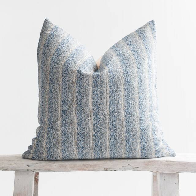 Woven Striped Cotton Pillow Cover, Light Blue Kilim Style - image 1
