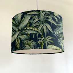 Tripura Navy Leaves Velvet, Circular Drum Lampshade/ Ceiling Shade, With A White Lining