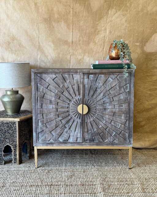 Hand-Carved Mango Wood Sunburst Cabinet - Mink Finish With Gold-Tone Details - image 1