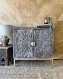 Hand-Carved Mango Wood Sunburst Cabinet - Mink Finish With Gold-Tone Details