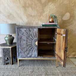 Hand-Carved Mango Wood Sunburst Cabinet - Mink Finish With Gold-Tone Details - thumbnail 2