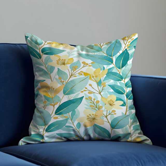 Botanical Cushion Cover, Teal Leaf Floral Pillow Case, Yellow Flower Throw Pillowcase For Sofa Bedroom Living Room Decor - image 1