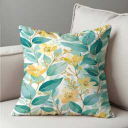 Botanical Cushion Cover, Teal Leaf Floral Pillow Case, Yellow Flower Throw Pillowcase For Sofa Bedroom Living Room Decor - thumbnail 4
