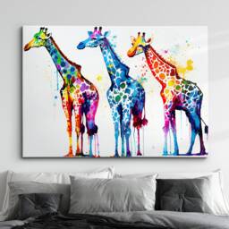 Colorful Giraffe Family Group Abstract Oil Painting Style Wall Art, Framed Canvas Poster Print, Home Kitchen Office Room Decor, Gifts - thumbnail 1