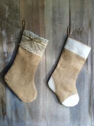 His & Hers-Set Of 2 Stockings-Natural Burlap with Lace & Natural Cream Patches-Christmas Stocking-Personalize With A Name-Rustic - thumbnail 1