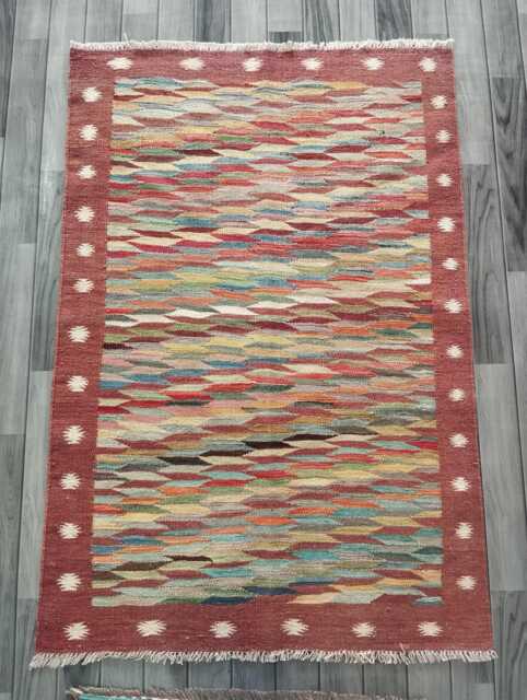Handmade Wool Kilim Rug, Tribal Geometric Design, Multicolour Artisan Afghan Turkish Flatweave 152x103 cm - image 1