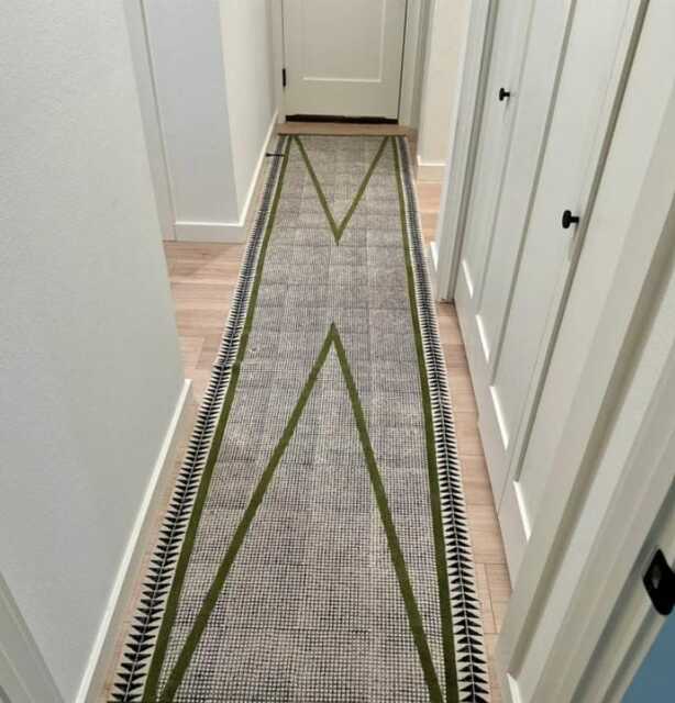 Handmade Green Cotton Runner Rug, Block Print Kilim - image 1
