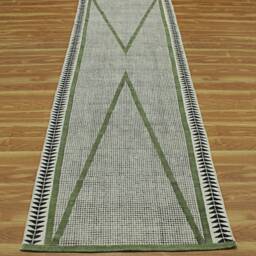 Handmade Green Cotton Runner Rug, Block Print Kilim - thumbnail 2