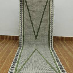 Handmade Green Cotton Runner Rug, Block Print Kilim - thumbnail 3
