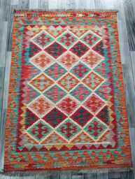 Multicolour Rug, Handmade Artisan Afghan Turkish Scandinavian Navajo Bohemian Flatweave Wool Kilim 147x103 cm - thumbnail 1
