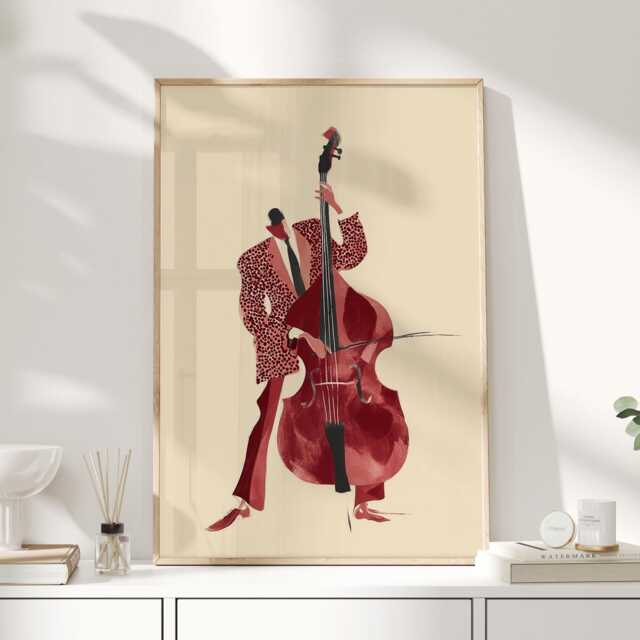 Double Bass Jazz Musician Art Print, Vintage Illustration, Music Wall For Living Room Or Study - image 1