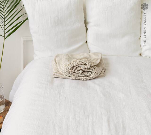 striped Linen Fitted Sheet - Pinstriped Milk White/Off White Natural Twin/Full/Double/Queen/King Size Bed Sheet - image 1