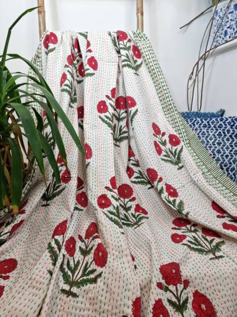 Kantha Stitch Pure Cotton Reversible Bed/Sofa Throw King Size - Handmade Handprinted Floral Dohar Pastel White Red Green French Stripe - image 1