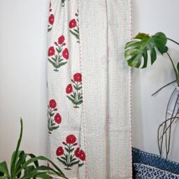 Kantha Stitch Pure Cotton Reversible Bed/Sofa Throw King Size - Handmade Handprinted Floral Dohar Pastel White Red Green French Stripe - thumbnail 4