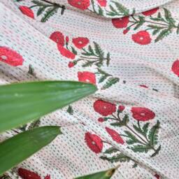 Kantha Stitch Pure Cotton Reversible Bed/Sofa Throw King Size - Handmade Handprinted Floral Dohar Pastel White Red Green French Stripe - thumbnail 3