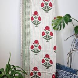 Kantha Stitch Pure Cotton Reversible Bed/Sofa Throw King Size - Handmade Handprinted Floral Dohar Pastel White Red Green French Stripe - thumbnail 2