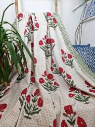 Kantha Stitch Pure Cotton Reversible Bed/Sofa Throw King Size - Handmade Handprinted Floral Dohar Pastel White Red Green French Stripe - thumbnail 1