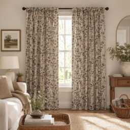 Botanical Floral Blackout Curtains, Linen Look Drapes, Vintage Window Treatments - thumbnail 3