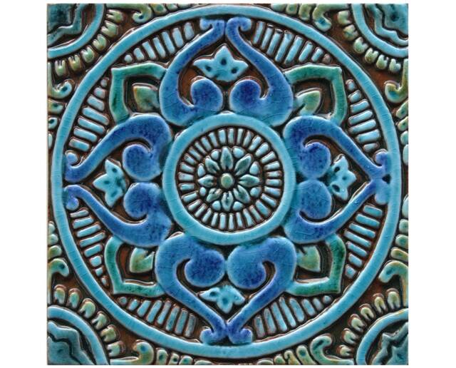 Handmade Turquoise Mandala Ceramic Tile Tibetan Inspired Wall Art - 20cm/7.9 - image 1