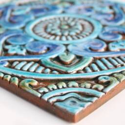 Handmade Turquoise Mandala Ceramic Tile Tibetan Inspired Wall Art - 20cm/7.9 - thumbnail 3