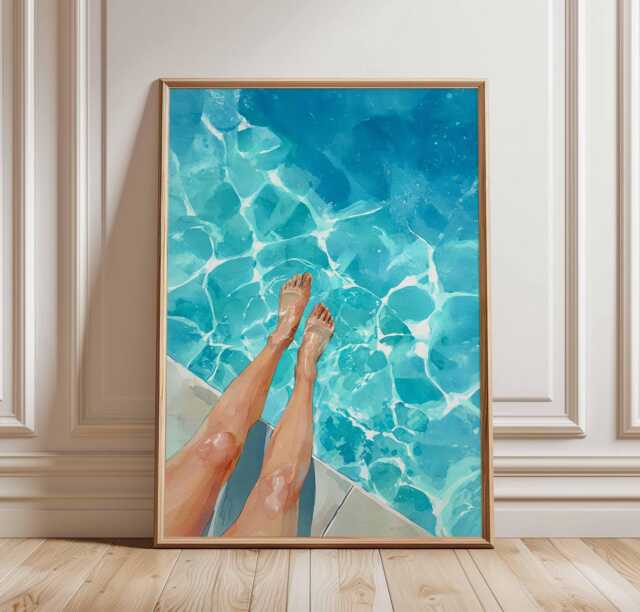 Summer Poolside Poster, Relaxing Swimming Pool Wall Art, Legs in Water Print, Modern Coastal Decor, Blue Vibes Artwork - image 1