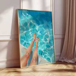 Summer Poolside Poster, Relaxing Swimming Pool Wall Art, Legs in Water Print, Modern Coastal Decor, Blue Vibes Artwork - thumbnail 3