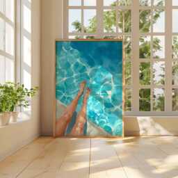 Summer Poolside Poster, Relaxing Swimming Pool Wall Art, Legs in Water Print, Modern Coastal Decor, Blue Vibes Artwork - thumbnail 2