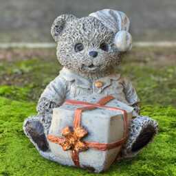Holiday Bear With Gift Sculpture Cute Statue Handmade Winter Figurine Outdoor Animal Ornament Garden Festive Decoration Porch Art - thumbnail 1