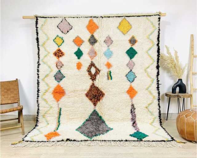 Ivory Moroccan Berber Rug, Handwoven Wool Shag Colorful Diamond & Triangle Motifs, Authentic Beni Ourain Carpet, Large 9x12 Area Rug - image 1