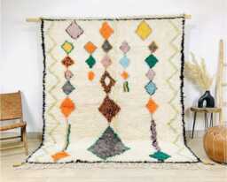 Ivory Moroccan Berber Rug, Handwoven Wool Shag Colorful Diamond & Triangle Motifs, Authentic Beni Ourain Carpet, Large 9x12 Area Rug - thumbnail 1
