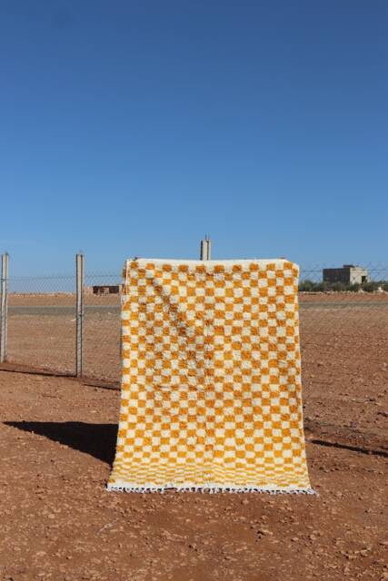 Handmade Yellow Checkered Wool Moroccan Berber Rug - image 1