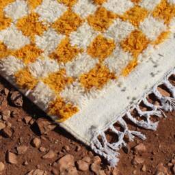 Handmade Yellow Checkered Wool Moroccan Berber Rug - thumbnail 3