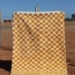 Handmade Yellow Checkered Wool Moroccan Berber Rug - thumbnail 2