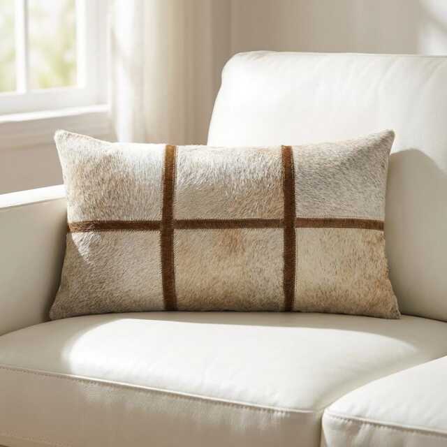 Cowhide Cushion Cover 30x50 Light Beige Leather Pillow Rustic Farmhouse Decor Natural Hairon Hide Western Style Patchwork Throw Handmade - image 1