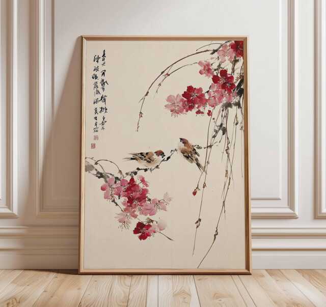 Cherry Blossom Wall Art, Japanese Bird Poster, Asian Style Print, Oriental Nature Artwork, Zen Home Decor, Traditional Floral Art - image 1