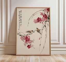 Cherry Blossom Wall Art, Japanese Bird Poster, Asian Style Print, Oriental Nature Artwork, Zen Home Decor, Traditional Floral Art - thumbnail 1