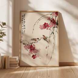 Cherry Blossom Wall Art, Japanese Bird Poster, Asian Style Print, Oriental Nature Artwork, Zen Home Decor, Traditional Floral Art - thumbnail 2