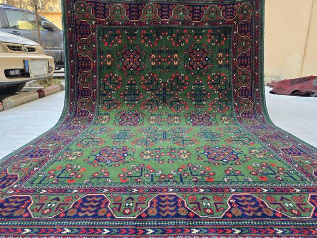 Green Bukhara 5x7 Ft Rug, Handmade Geometric Wool Carpet For Living Room - image 1