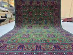 Green Bukhara 5x7 Ft Rug, Handmade Geometric Wool Carpet For Living Room - thumbnail 1