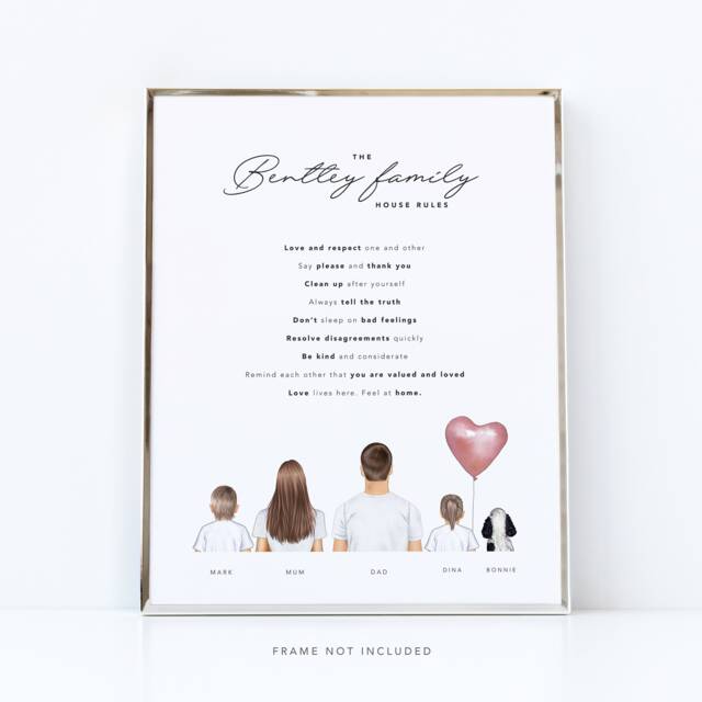 Personalised House Rules Family Print/Printed Gift Picture Written For Kids Values Happy Life - image 1